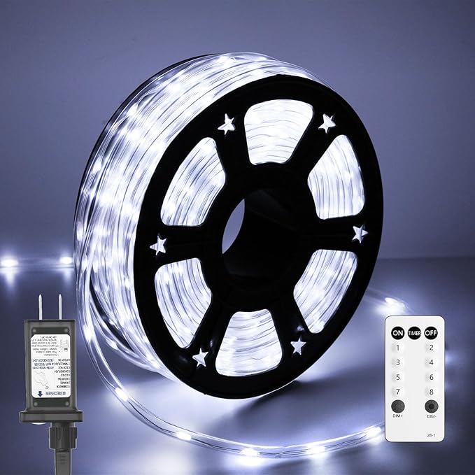 50FT 360 LED Waterproof Rope Lights Outside with Remote, 8 Modes and 4 Brightness Tube Lights for Christmas, Bedroom, Patio, Garden, Indoor Outdoor Decoration (Cool White)
