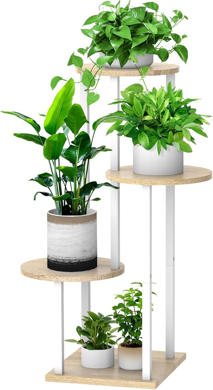 Plant Stand Indoor, 4 Tier Thickened Metal Corner Plant Shelf for Multiple Plants, Indoor Plants Tiered Flower Pot Stand for Patio Garden Balcony Living Room Bedroom (White Oak)