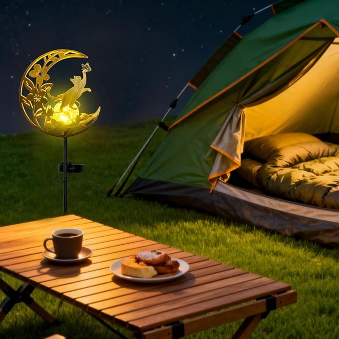 Cat Lights Outdoor Decor - Moon & Cat Sola Garden Lights Waterproof, Auto On/Off Pathway Lighting for Yard/Lawn/Patio, Handcrafted Metal Solar-Stake-Lights for Outside Decorations