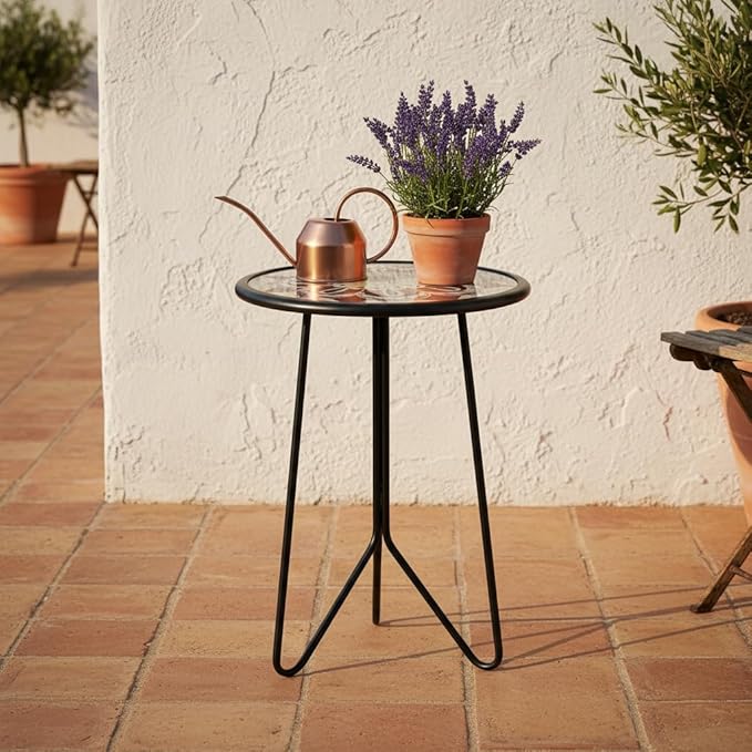 LIFFY Outdoor Side Table, 12" Small Patio Side Table for Outside, Indoor Round Home Decor End Table & Accent Table with Glass Top, Decorative Plant Table Stands for Garden Yard Porch Balcony