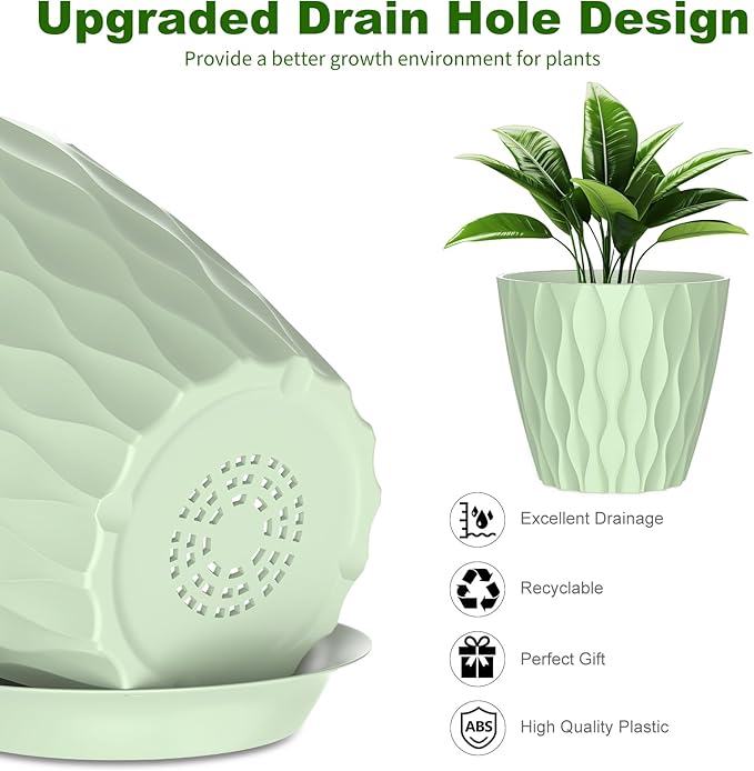 6 Pack 7 Inch Indoor Plant Pots with Drainage Holes, Outdoor Plastic Decorative Flower Pots, Garden Planters with Tray Saucers for Orchids, Violets, Succulents, Herbs, and Other Plants