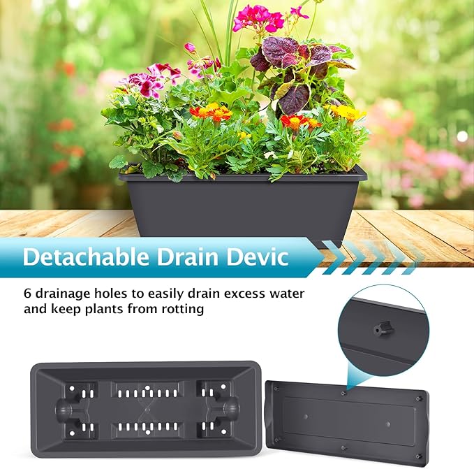 ETELI Deck Railing Planter Boxes 6 Pack Window Box with Brackets Adjustable Balcony Fence Planters Hanging Flower Boxes for Porch Patio Garden Outdoor, Grey & Black
