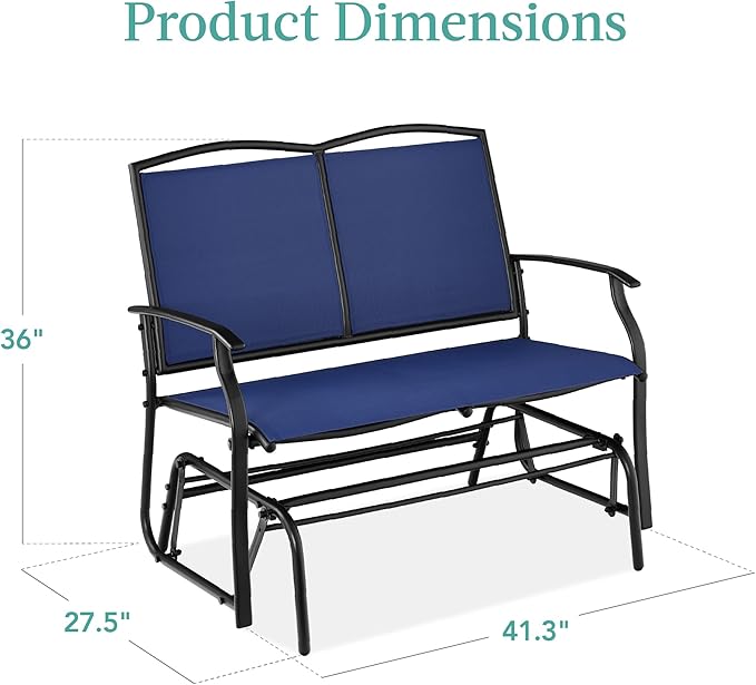 Best Choice Products 2-Person Outdoor Patio Swing Glider Steel Bench Loveseat Rocker for Deck, Porch w/Textilene Fabric, Steel Frame - Navy/Black