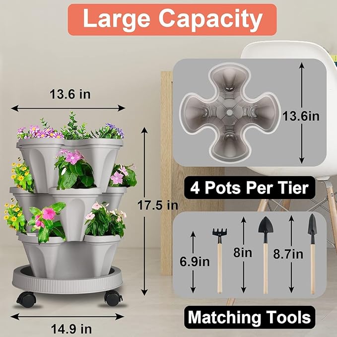 Vertical Planter 3 Tier Stackable Planters Garden Planters Strawberry Herb Flower and Vegetable Planter Indoor Outdoor Gardening Pots with Removable Wheels and Tools