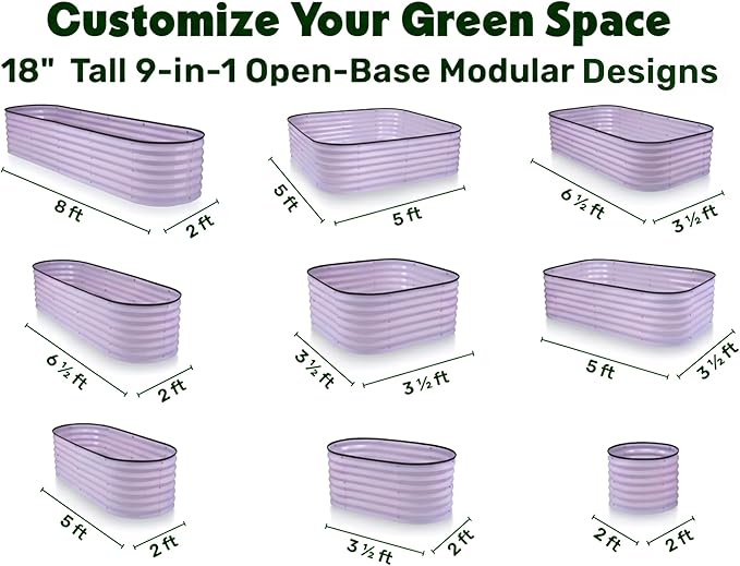 9-in-1 Galvanized Steel Raised Garden Bed // 8×2×1.5 ft Modular Planter for Gardening, Vegetables, Flowers // 18" Tall Metal Raised Garden Beds Outdoor (Lavender) // Patented Design Planter Box
