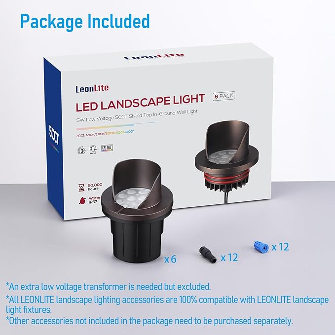 LEONLITE Dia. 4 Inch 5CCT Well Lights Landscape LED In Ground, Shielded Top, 5 Color Temperature Selectable, 12-24V AC/DC CRI90 Low Voltage Garden Landscaping, Oil Rubbed Bronze Aluminum, Pack of 6