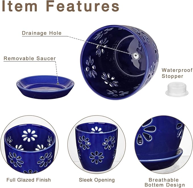 Oairse 6 inch Orchid Pots with Holes, Royal Blue Ceramic Orchid Pot for Repotting Small Indoor Plant Pots with Drainage Holes and Saucers Decorative Flower Planter for Orchids, Indoor Plant