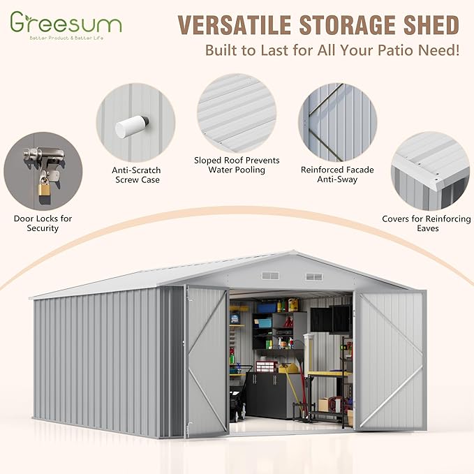 Greesum 10×14 FT Outdoor Storage Shed, Metal Storaged Sheds Without Floor, Tool Sheds with Lockable Doors and Sloping Roof for Garden, Patio, Gray