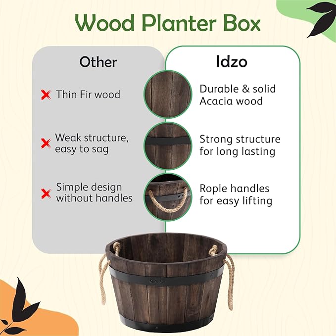 Set of 3 Wooden Flower Boxes Outdoor, Durable Acacia Wood Barrel Planters for Outdoor Plants with Ergonomic Handles, Drainage Holes, Multiple Sizes Wood Bucket Planter for Home Décor