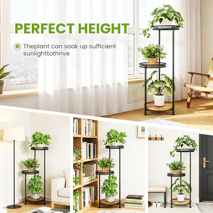 3 Tier Large Plant Stand Indoor Outdoor Clearance 10in Wide Metal Wood Plant Stand for Multiple Plants Black Tall Narrow Plants Display Organizer for Corner Living Room Porch Patio Garden Office