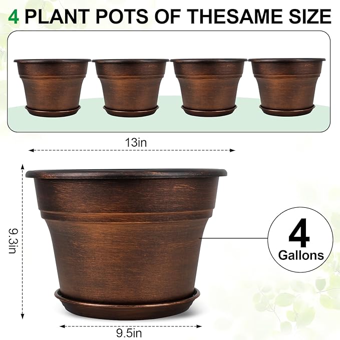 Plant Planters Pots Set of 4 Pack 13 Inch，Large Plastic Flower Pot For Indoor Plants With Drainage Holes & Trays, Resin Decorative Container Sets With Saucer For House Outdoor Garden Plant Copper
