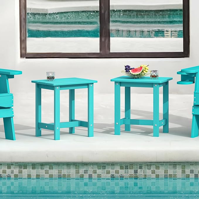 LUE BONA Outdoor Side Table Set of 2, HDPS Small Outdoor Table, Adirondack Side Table, Outside End Table for Patio, Deck, Pool, Weather Resistant/Easy Maintenance, Aruba Blue
