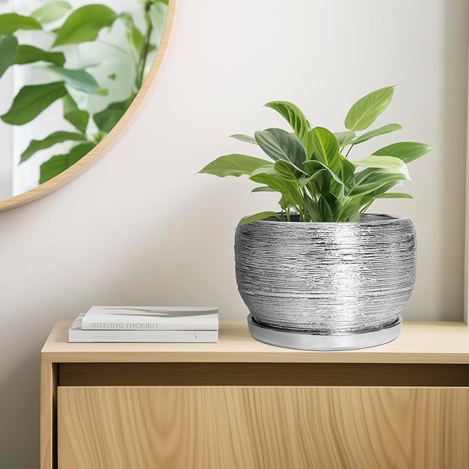 SQOWL Ceramic Pot for Plants - 10 Inch Planter Indoor, Round Large Planter Outdoor with Drainage Hole and Plant Saucer, Decorative Ceramic Flower Pot, Kitchen Decor, Housewarming Gifts, Silver