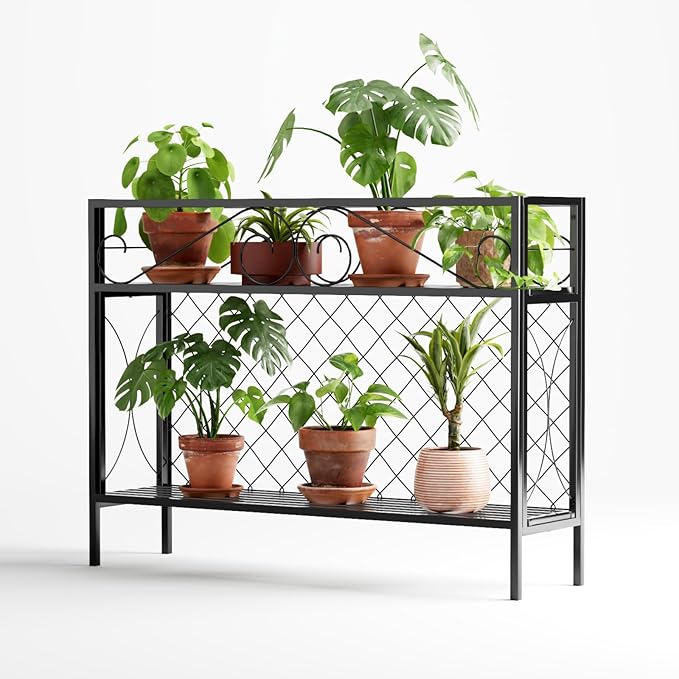 Zhongma 2 Tier Metal Sturdy Narrow Plant Stand, 47.24L x 12.6 W x 35.43 H inch, Indoor and Outdoor Heavy Duty Metal Plant shelf for Small Spaces 440 LBS Capacity