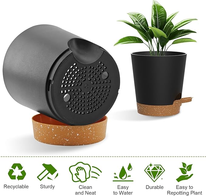 Self Watering Pots, 7/6.5/6/5.5/5/4 inch Flower Pots with Multi Mesh Drainage Holes, Small Platic Planters for Indoor Outdoor Garden Plants and Flowers (Black with Brown Tray, 7"+6.5"+6"+5.5"+5"+4")