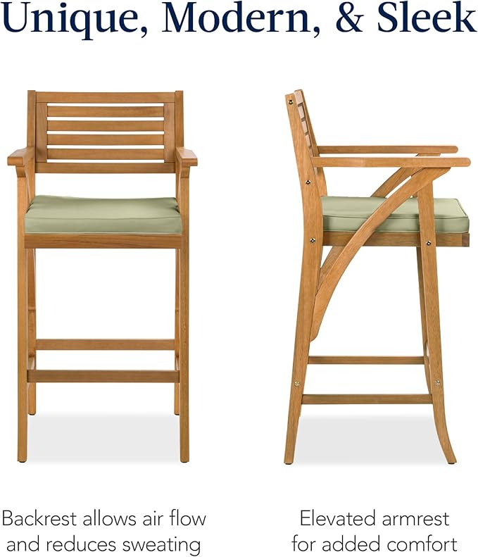 Best Choice Products Set of 2 Outdoor Acacia Wood Bar Stools Bar Chairs for Patio, Pool, Garden w/Weather-Resistant Cushions - Sage