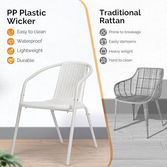 VINGLI PE Rattan Outdoor Dining Chairs Set of 2, Plastic Stackable Patio Chairs for Indoor, Porch, Restaurant, Garden, White