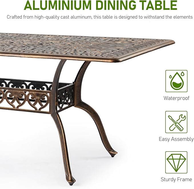 VINGLI 8-Person Outdoor Dining Table, Metal Dining Table with Umbrella Hole Cast Aluminum Patio Table, Rectangle Table Outdoor Furniture Garden Table (87”Lx42W”x28.5”H)