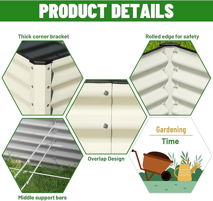 SnugNiture Galvanized Raised Garden Bed 4x4x2FT Outdoor Large Metal Planter Box Steel Kit for Planting Vegetables, Flowers, Beige White