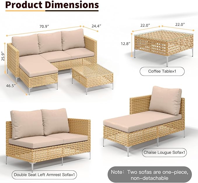3-Piece L-Shaped Patio Furniture Set - Weather Resistant Wicker Sectional Sofa with Thick Cushions & Coffee Table for Small Spaces (Yellow/Beige)
