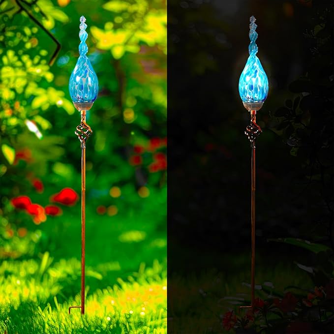 Solar Garden Lights Outdoor, Decorative LED Flame Garden Stakes, Hand Blown Glass and Outdoor Waterproof Glass Stakes (Light Blue)