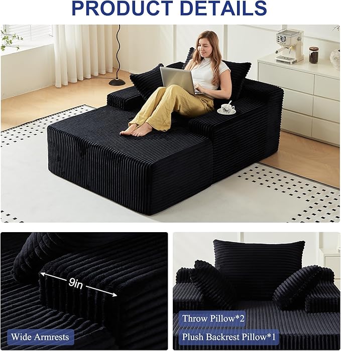 67 Inch Chaise Lounge Chair Indoor, Oversized Upholstered Boneless Sofa Bed, Corduroy Deep Seat Sleeper Couch Reading Chairs, Comfy Cloud Sofas Couches for Living Room, No Assembly Required (Black)
