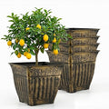 14 Inch Vintage Square Planter - 4 Pack Heavy Duty Antique Gold Plastic Flower Pot with Drainage & Raised Base, Retro Distressed Style Plant Container for Outdoor Patio, Porch, Indoor (7 Gallon)