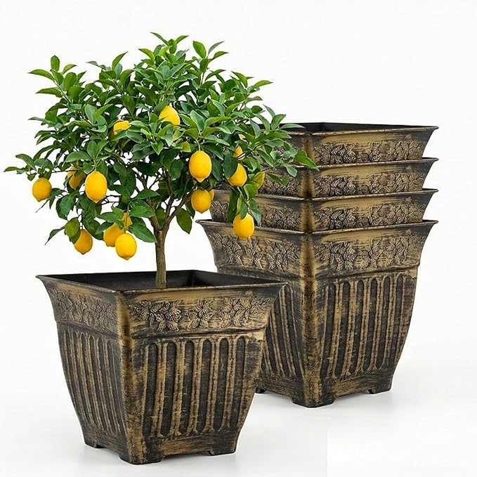 14 Inch Vintage Square Planter - 4 Pack Heavy Duty Antique Gold Plastic Flower Pot with Drainage & Raised Base, Retro Distressed Style Plant Container for Outdoor Patio, Porch, Indoor (7 Gallon)