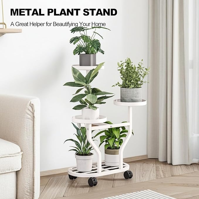 Plant Stand with Wheels 3 Tier Metal Plant Holder Corner Flower Shelf for Multiple Plants Display Rack for Bedroom Living Room Balcony Garden White (White, 3 Tier)