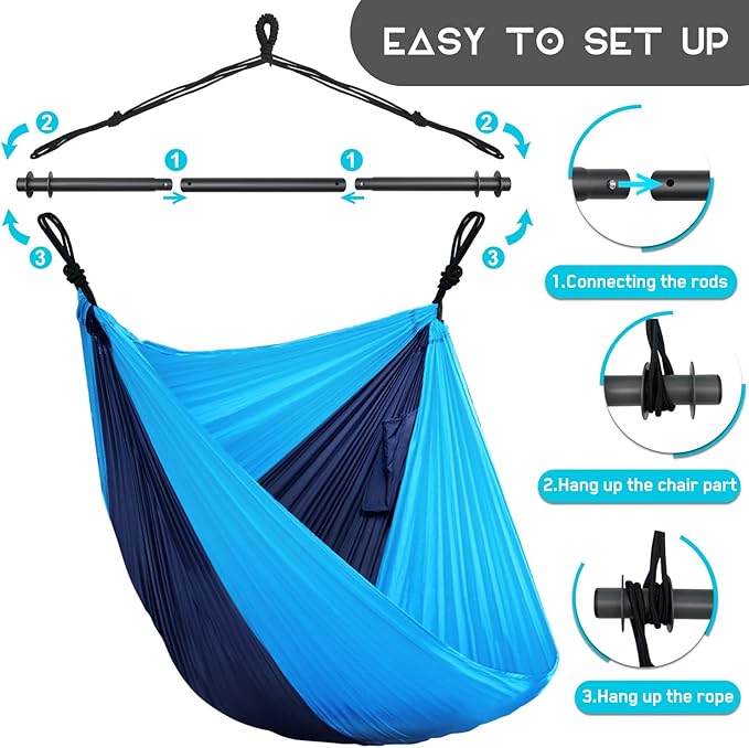 Hammock Chair, Portable Outdoor Hanging Rope Swing, Max 500 Lbs, Collapsible and Lightweight Nylon Parachute Hammocks Chair for Indoor, Backpacking, Travel, Backyard, Patio, Hiking (Navy,Blue)