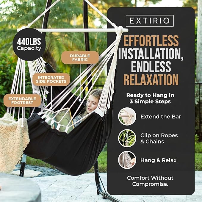 Hanging Hammock Chair Swing – Hanging Chair Outdoor & Indoor - Hammock Swing Chair – Quick & Easy Setup with Hardware Kit – Durable & Spacious Full Body Support with 2 Plush Cushions – Holds 440 Lbs
