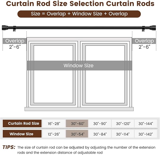 1” Diameter Matte Black Curtain Rod Itself is 30-60 inch 2 Pack, Fit 30 to 56 Windows with Heavy Duty Adjustable Telescopic Rod，Splicing Metal Extra Long Curtain Rod for Windows Sliding Glass Door