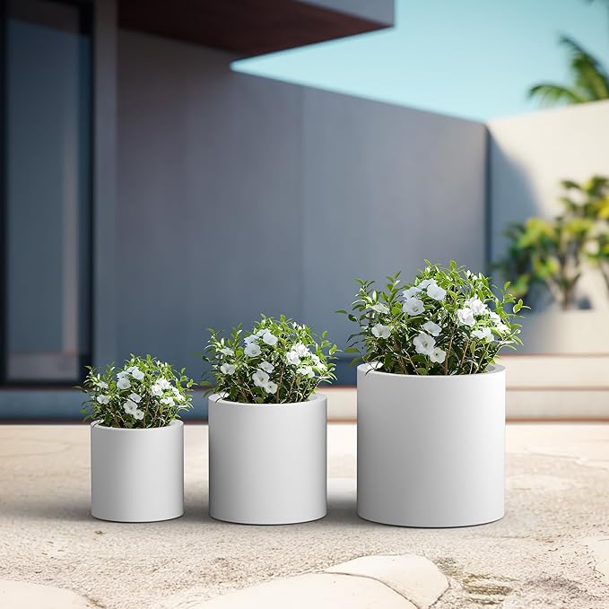 Kante RC0119ABC-C80011 Set of 3 Lightweight Concrete Modern Cylinder Outdoor Planters, 15.8, 12.9 and 9.8 Inch Diameter, Pure White