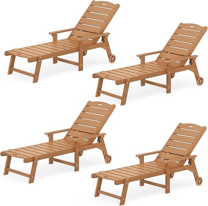 LUE BONA Outdoor Chaise Lounge Chairs Set of 4, HDPS Chaise Lounger, 5 Positions Adjustable Lounge Chairs, Pool Lounge Chair with Wheels for Poolside, 3 Year Warranty, Teak Color