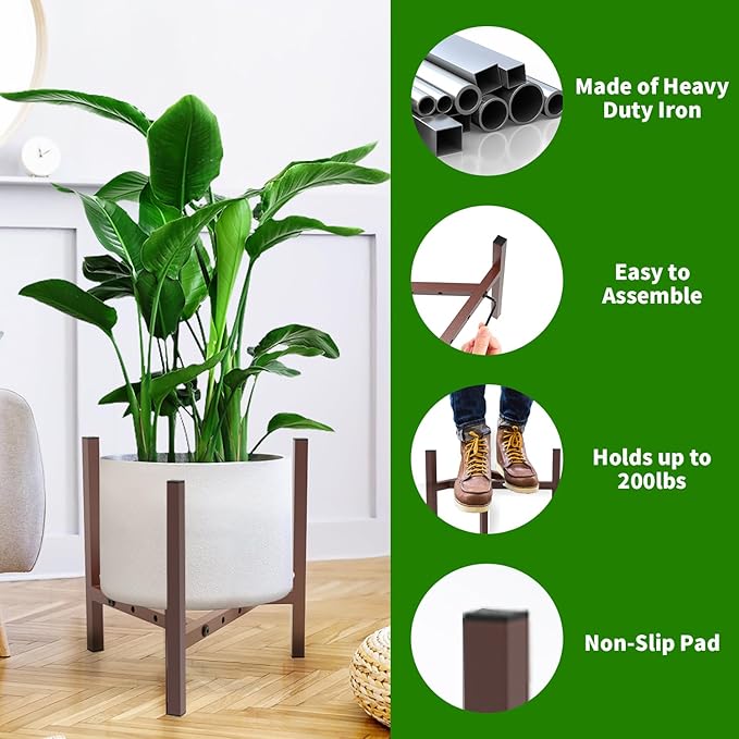 Aripark Plant Stand Indoor Adjustable, Metal Modern Plant Stands, Small Heavy Duty Stable Pot Flower Holder Indoor Outdoor Corner, Fit 8 9 10 11 12 inch Pots, Reddish Brown (Pot & Plant Not Included)