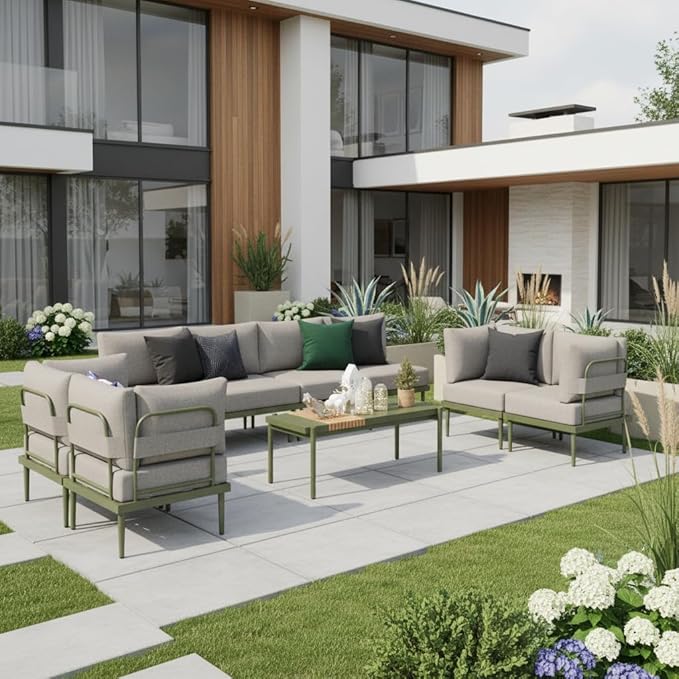 Sundale Outdoor 9 Pieces Patio Furniture Set, U-Shaped Outdoor Sectional Sofa with 6 Inch Olefin Cushion and Coffee Table, Modern Metal Outdoor Conversation Sets for Backyard, Poolside