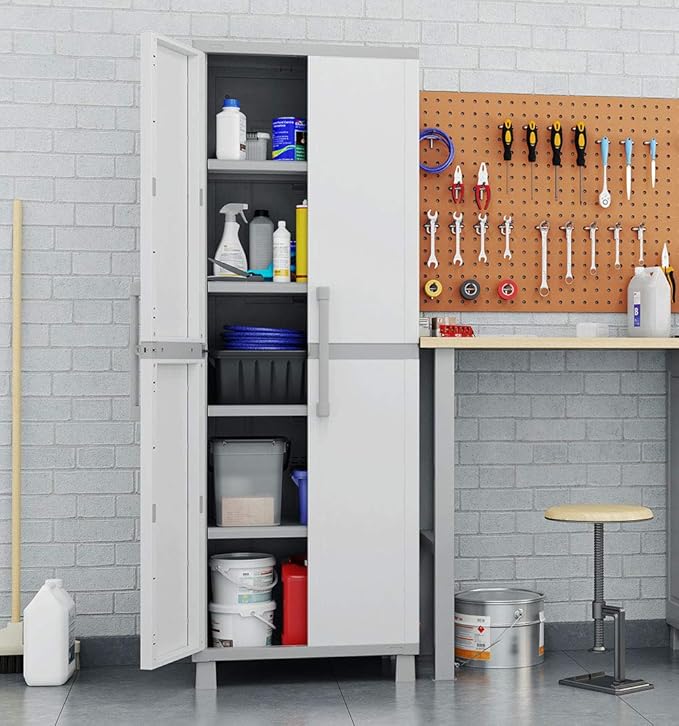 Keter Storage Cabinet with Doors and Shelves for Laundry Room, Garage, Bathroom Accessories, Closet and Home Organization, White & Grey