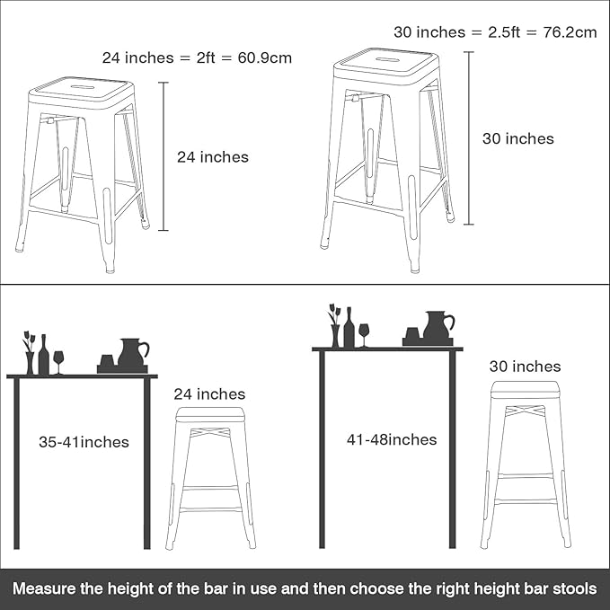 Devoko Metal Bar Stools 24" Indoor Outdoor Stackable Barstools Modern Style Industrial Vintage Counter Bar Stools Set of 4 (24 inch, Black)