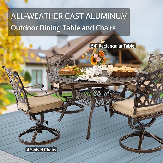 5-Piece Cast Aluminum Patio Furniture, Patio Dining Set for 4 Include 54" Round Outdoor Dining Table and 4 Swivel Chairs with Cushions & Umbrella Hole (Bronze)