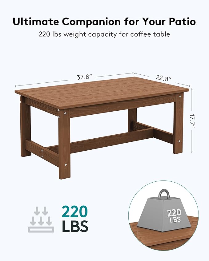 SERWALL HDPE Patio Coffee Table, Rectangle Outdoor Coffee Table, All-Weather Coffee Side Table for Balcony, Poolside, Deck, Garden, Brown