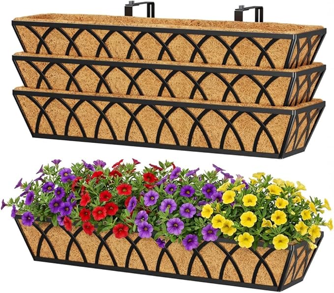Y&M 30 Inch Window Deck with Coco Liner, Fence Metal Hanging Flower Planter Basket Deck Railing Planter Boxes for Outdoor Garden Lawn, 30" Window Boxes Horse Trough with Coconut Coir Liner,4pcs