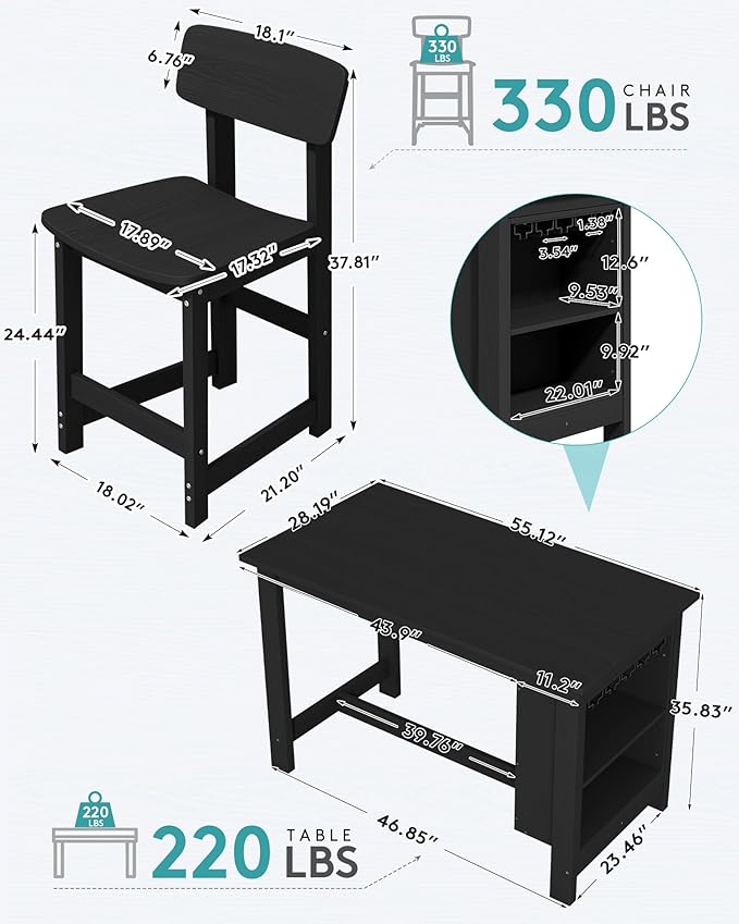 SERWALL 8-Piece Counter Height DiningTable Sets with Storage and Wine Rack, HDPE 2 Rectangular Bar Table with Bar Stools Set of 6 for Garden, Backyard, Kitchen, Black