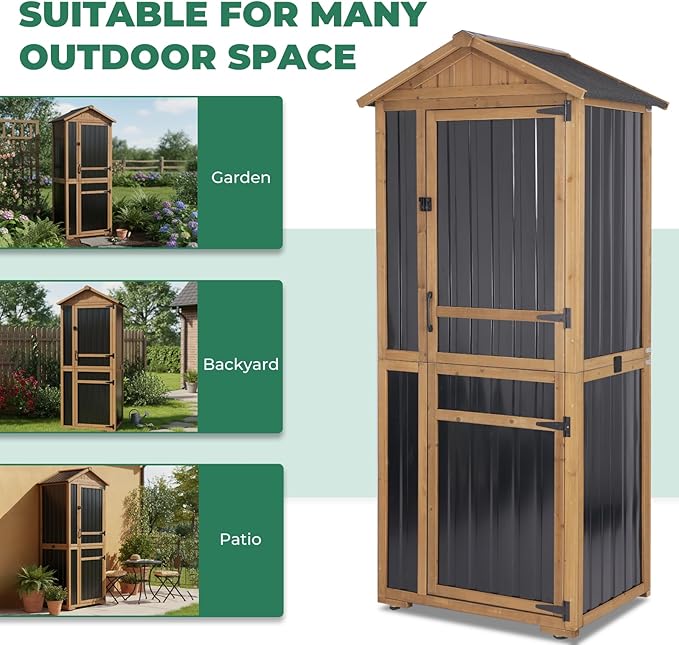 Large Outdoor Storage Cabinet with 4 Shelves, Wood Outdoor Storage Shed with Weatherproof Roof, Lockable Doors, Tall Outdoor Patio Cabinets for Garden Tool and Accessories, Brown