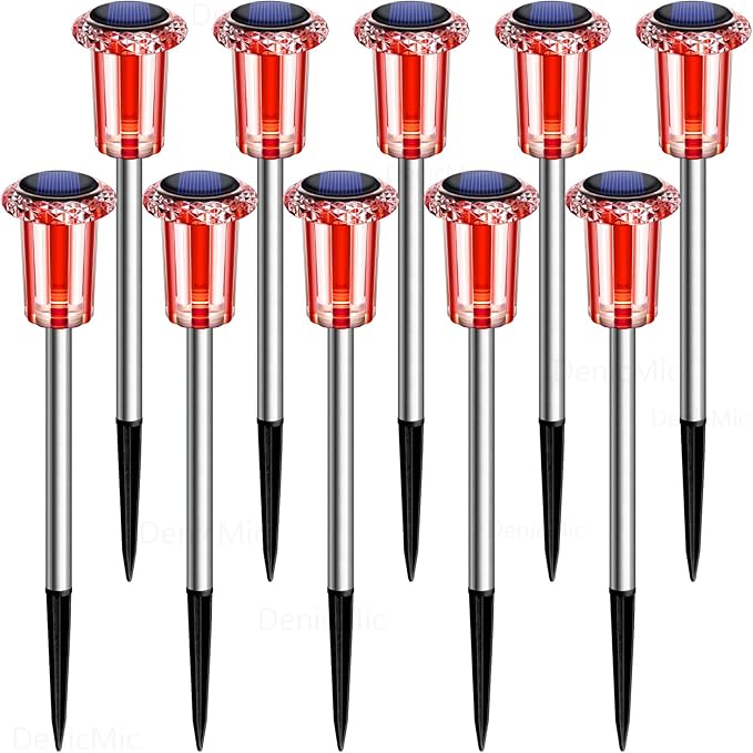 DenicMic Solar Lights Outdoor 10 Pack Waterproof Red White LED Stainless Steel Stake Outside Lights for Yard Pathway Garden Driveway Walkway Landscape Path Lighting Valentines Day Decorations