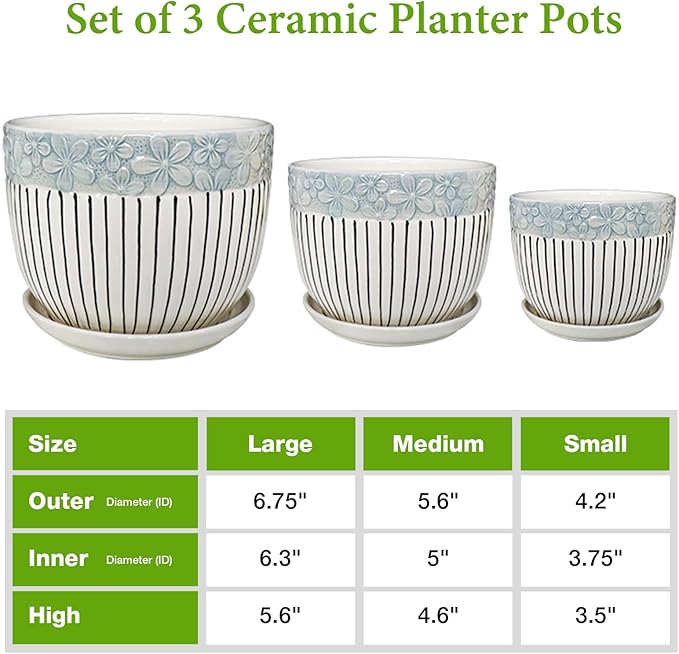 Ceramic Plant Pots Set of 3, 6.75/5.6/4.2 inch Planters with Drainage Holes and Saucer, Flower Pot Outdoor Indoor, Modern Decorative Planters for House Plants Garden Planters Succulent Pots