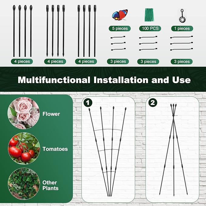 2Pack Garden Trellis for Climbing Plants Outdoor & Indoor, 47in Obelisk Trellis and Tomato cage 2 Shapes Rustproof Plant Support Indoor Plants Trellis for Potted Plants with 10pcs Colorful Butterfly