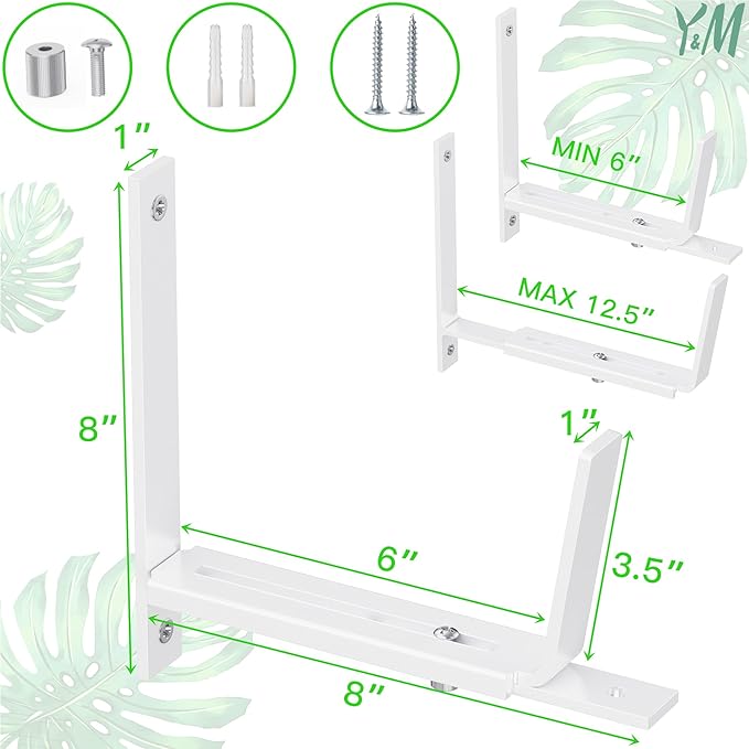 Y&M 6 Pack Adjustable Planter Brackets (6 to 12.5 in), Universal Window Box Brackets, Heavy Duty Iron Flower Box Wall Mounting Hooks for Balcony, Fences, Patio, and Garden - White