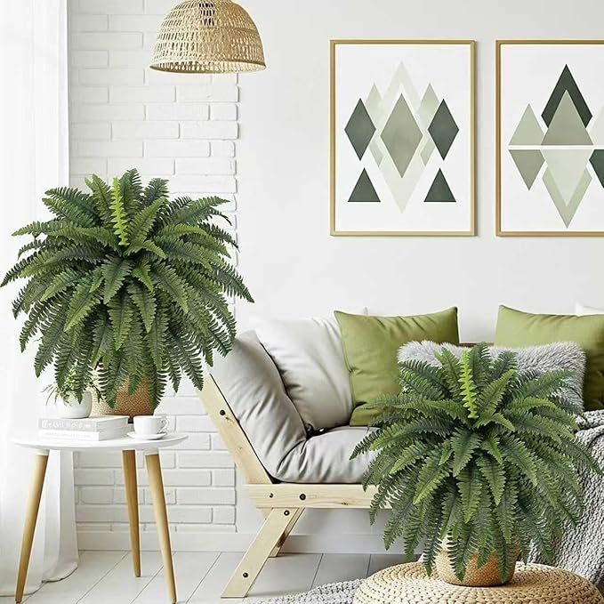 42" Artificial Boston Fern Large Bush Plants, 2 Bundles of Fake Ferns with 65 Fronds for Outdoors Home Decor