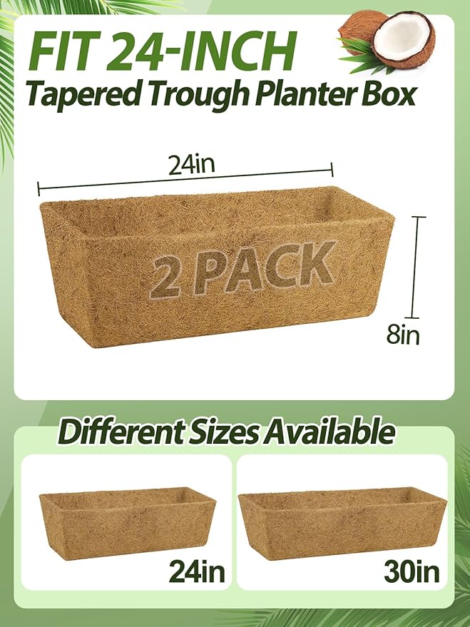 24in Tapered Coco Liners for Window Planter Box - 2 Pack 100% Natural Coconut Coir Fiber Liner Replacement for Deck Flower Box, Garden Railing Fence Wall Planter Basket