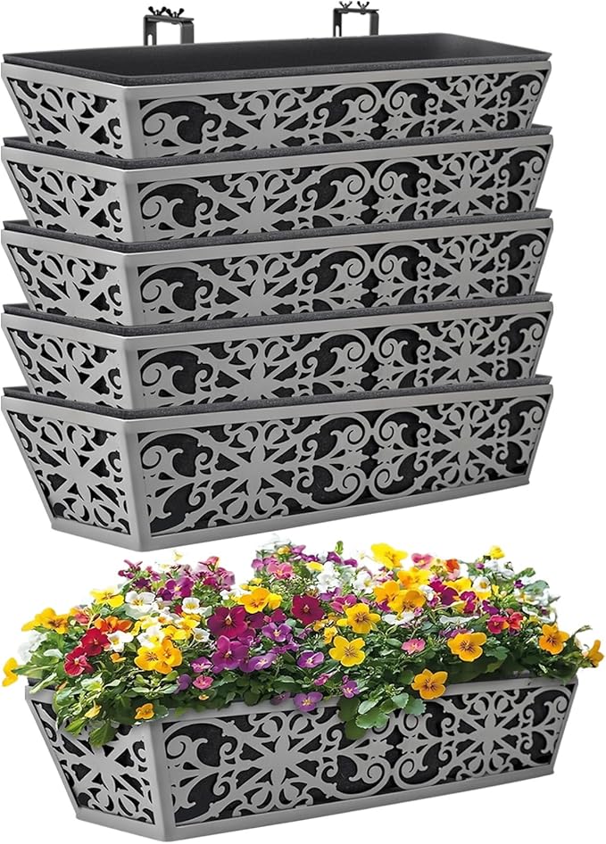 6 Pack 24 Inch Window Boxes Planter for Outdoor Plants Deck Railing Planters Box with Adjustable Brackets for Porch Fence Balcony Hanging Flower Baskets with Non-Woven Fabric Liner for Garden Decor